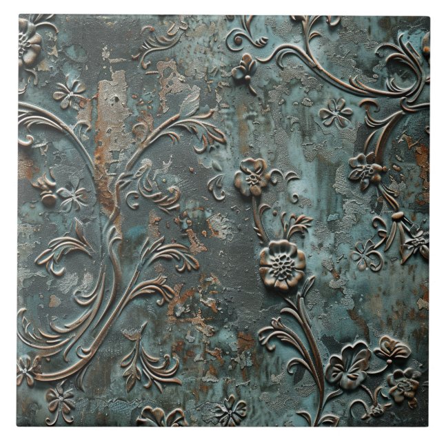 Rusted Metal Antique Floral  Ceramic Tile (Front)