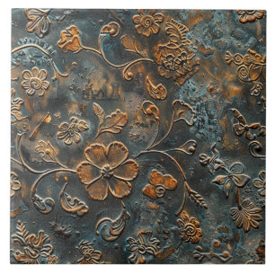 Rusted Metal Antique Floral Ceramic Tile