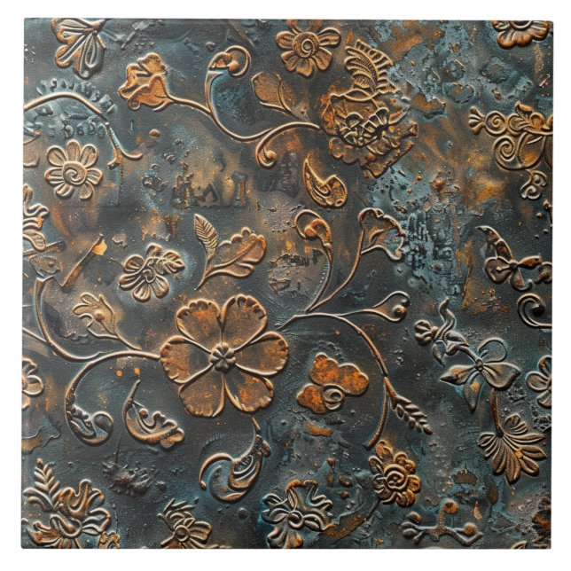 Rusted Metal Antique Floral  Ceramic Tile (Front)