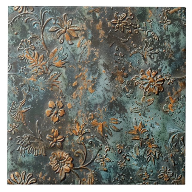 Rusted Metal Antique Floral  Ceramic Tile (Front)