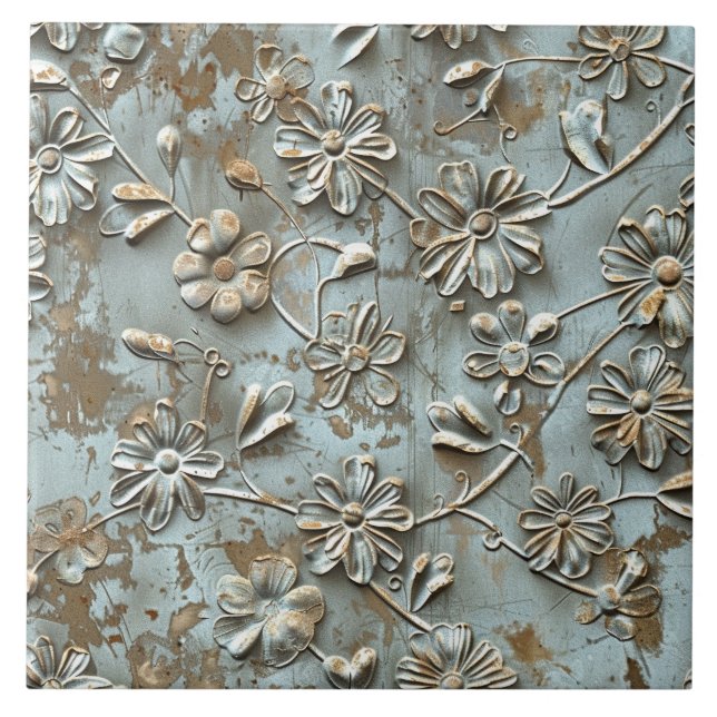 Rusted Metal Antique Floral  Ceramic Tile (Front)