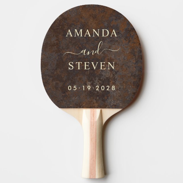 Rusted Metal Sheet Couple Names with Wedding Date Ping Pong Paddle (Back)