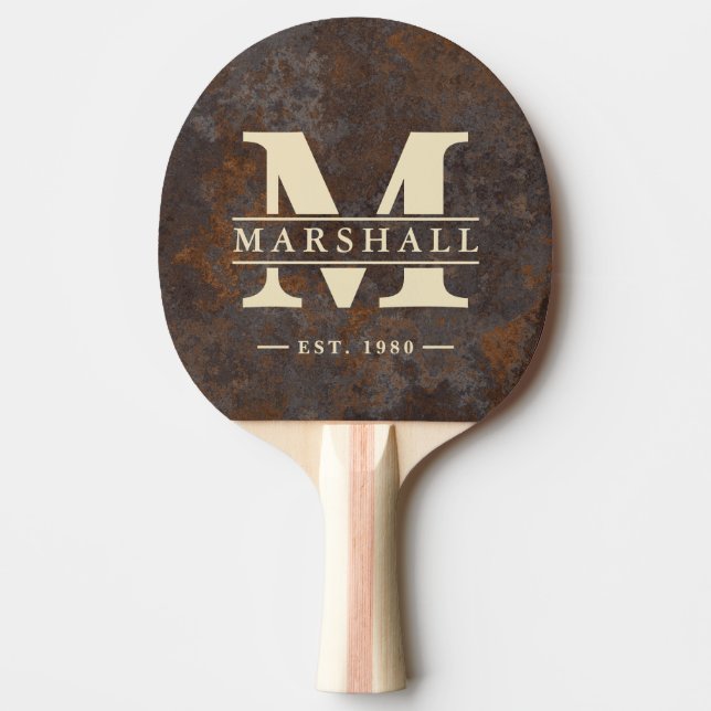 Rusted Metal Sheet Monogram & Name Overlay Ping Pong Paddle (Front)