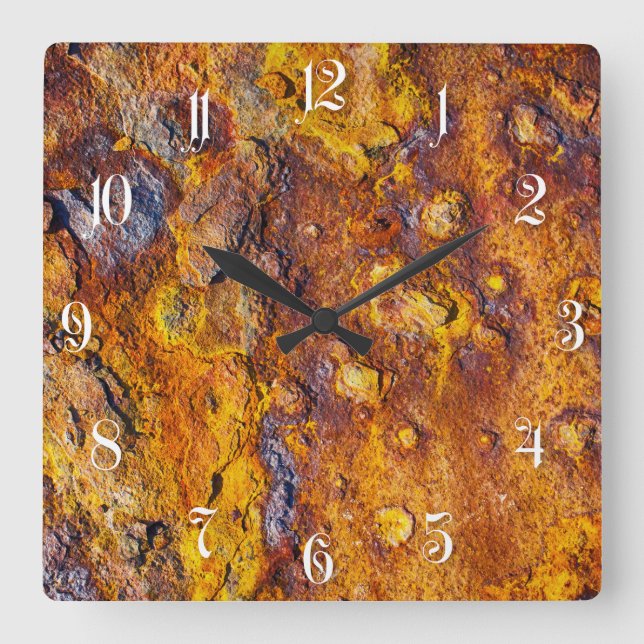 Rusted metal surface square wall clock (Front)