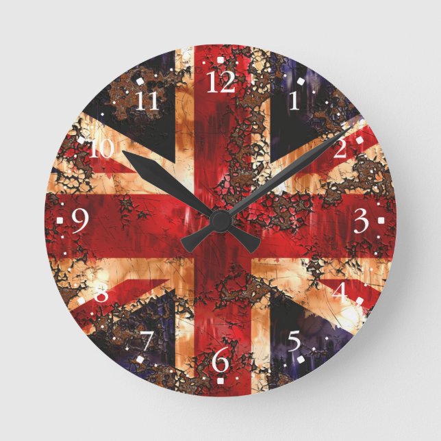 Rusted Patriotic United Kingdom Flag Round Clock (Front)