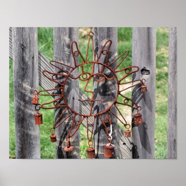 Rusted Wire Sun Face Lawn Decoration On Fence (Front)