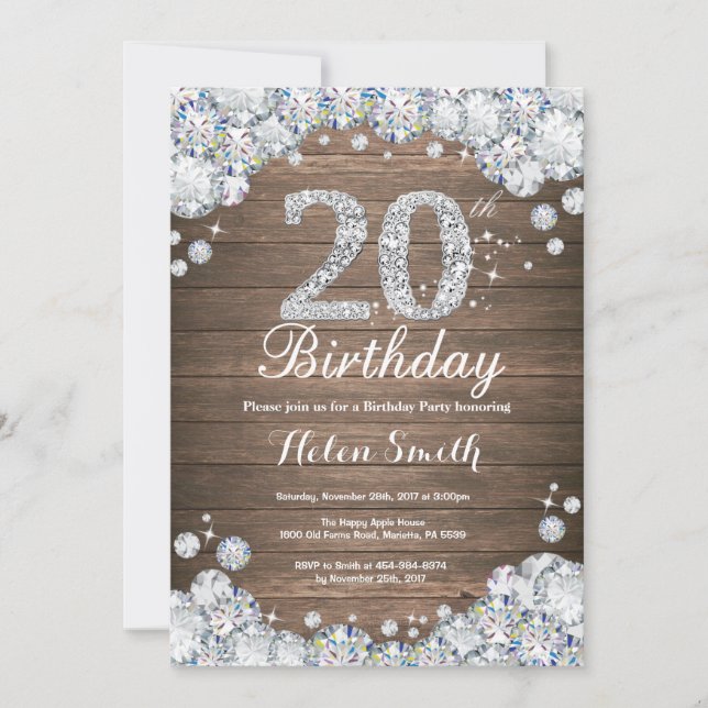 Rusti 20th Birthday Silver Diamond Invitation (Front)