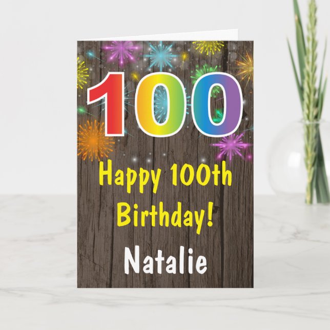 Rustic 100th Birthday Colourful Rainbow Firework Card (Front)