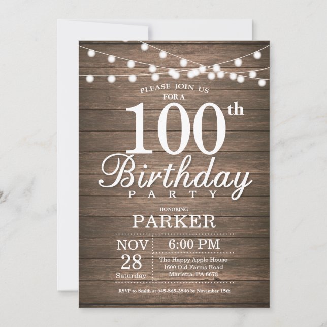 Rustic 100th Birthday Invitation String Lights (Front)