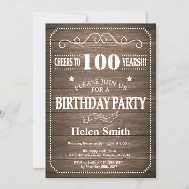 Rustic 100th Birthday Invitation Vintage Retro (Front)
