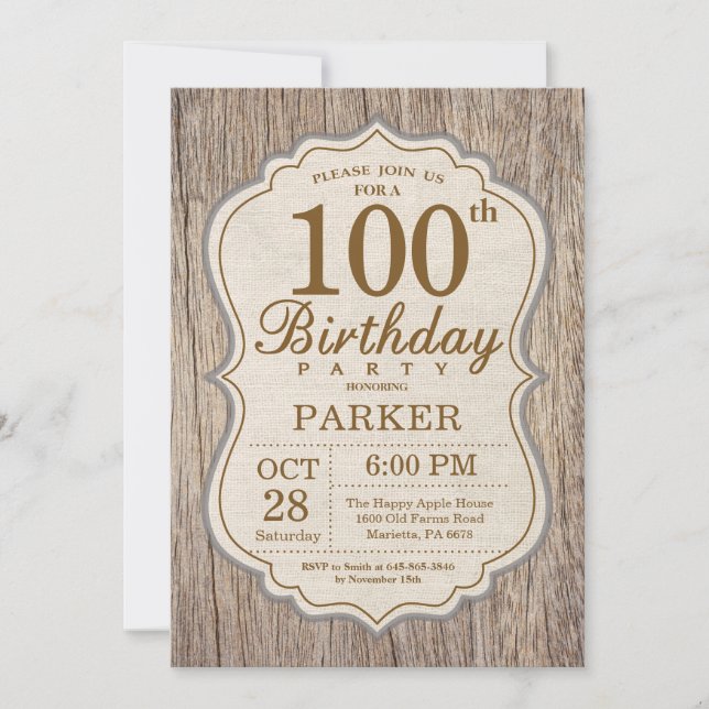 Rustic 100th Birthday Invitation Wood (Front)