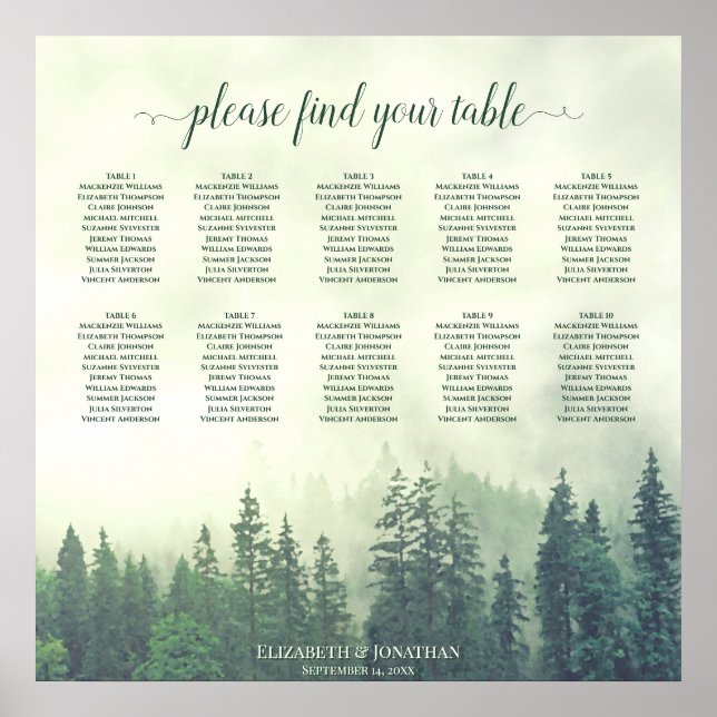 Rustic 10 Table Foggy Green Pines Seating Chart (Front)