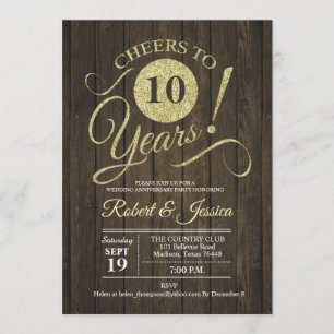 Rustic 10th Wedding Anniversary - Gold Wood Invitation