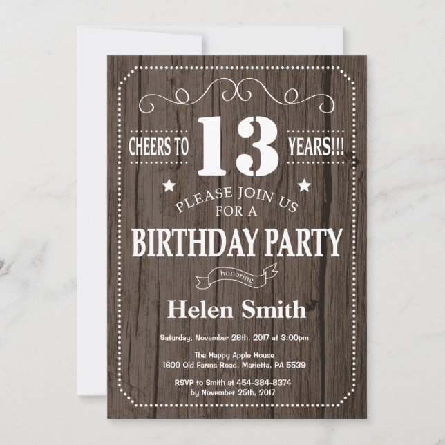 Rustic 13th Birthday Invitation (Front)