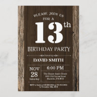 Rustic 13th Birthday Invitation Vintage Wood