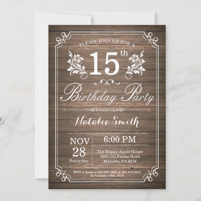 Rustic 15th Birthday Invitation Floral (Front)