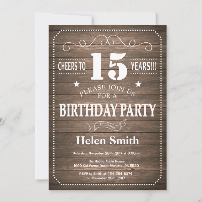 Rustic 15th Birthday Invitation Vintage Retro (Front)