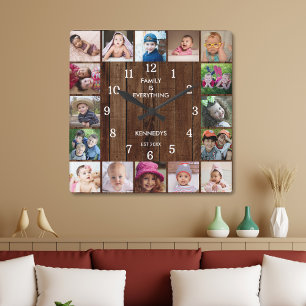 Rustic 16 Photo Collage Family Quote Pallet Wood Square Wall Clock