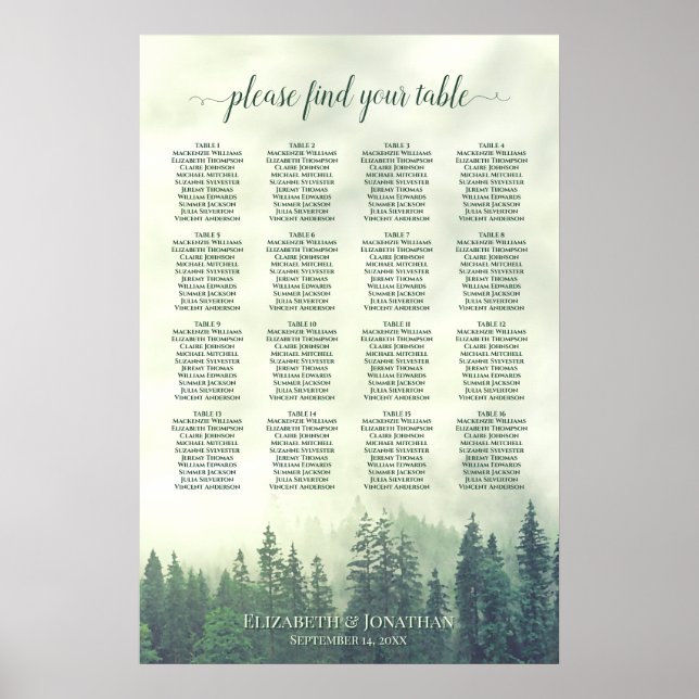 Rustic 16 Table Green Forest Wedding Seating Chart (Front)