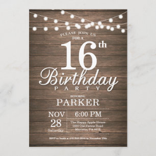 Rustic 16th Birthday Invitation String Lights Wood