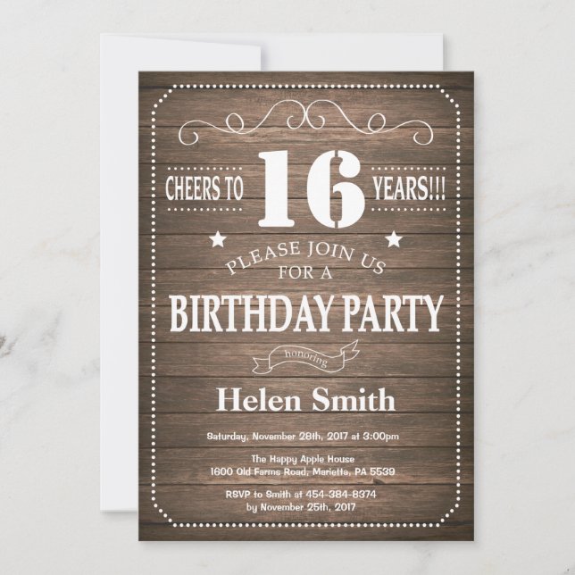 Rustic 16th Birthday Invitation Vintage Retro (Front)