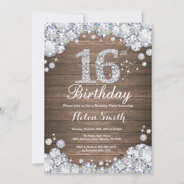 Rustic 16th Birthday Silver Diamond Invitation (Front)