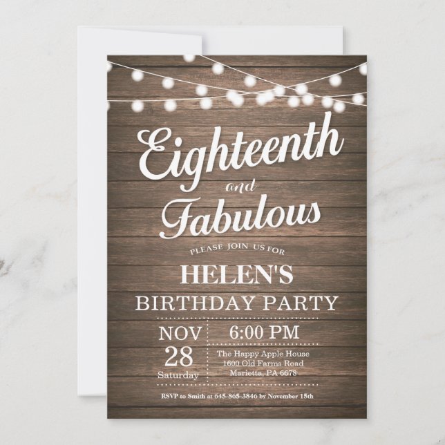 Rustic 18th Birthday Invitation Wood Fabulous (Front)