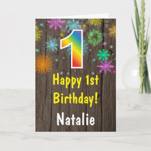 Rustic 1st Birthday Colourful Rainbow Fireworks Card