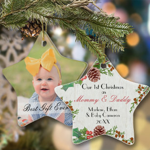 Rustic 1st Christmas Custom Photo New Mum & Dad Ceramic Ornament