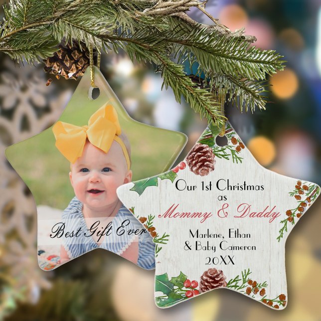 Rustic 1st Christmas Custom Photo New Mum & Dad Ceramic Ornament (Creator Uploaded)