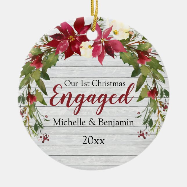 Rustic 1st Christmas Engaged Poinsettia Photo Ceramic Ornament (Front)