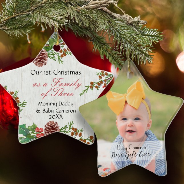 Rustic 1st Christmas Family of 3 Milestone Photo  Ceramic Ornament (Creator Uploaded)
