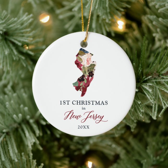 Rustic 1st Christmas In New Jersey NJ Personalised Ceramic Ornament (Tree)