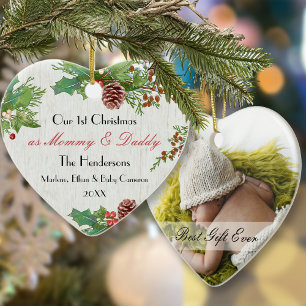 Rustic 1st Christmas New Mum & Dady Custom Photo Ceramic Ornament