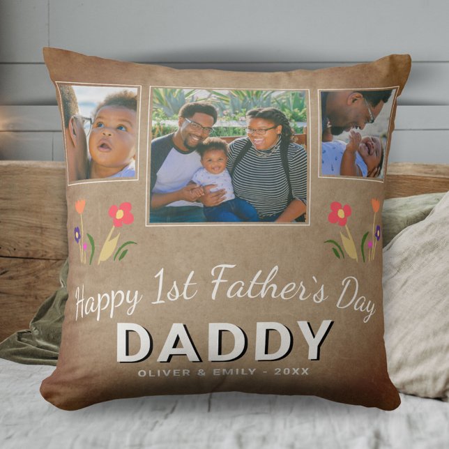 Rustic 1st Father`s Day Daddy Keepsake 3 Photo Cushion (Creator Uploaded)