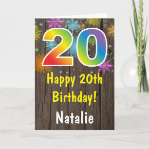 Rustic 20th Birthday Colorful Rainbow Fireworks Card