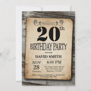 Rustic 20th Birthday Invitation Vintage Wood