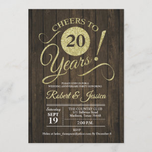 Rustic 20th Wedding Anniversary - Gold Wood Invitation