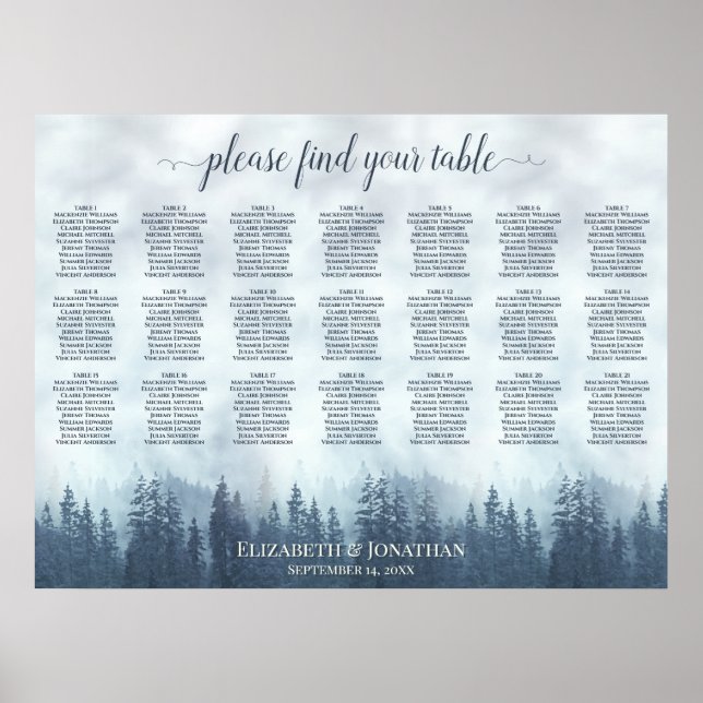 Rustic 21 Table Blue Pines Wedding Seating Chart (Front)