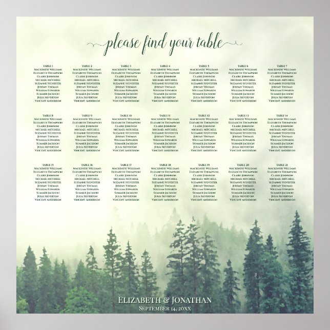 Rustic 21 Table Green Pines Wedding Seating Chart (Front)