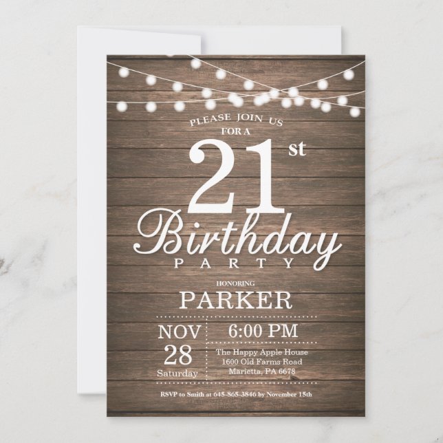 Rustic 21st Birthday Invitation String Lights Wood (Front)