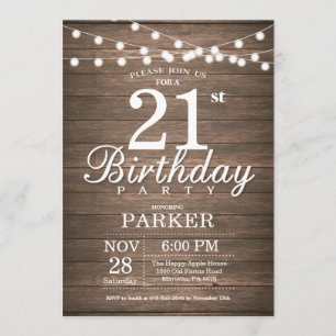 Rustic 21st Birthday Invitation String Lights Wood