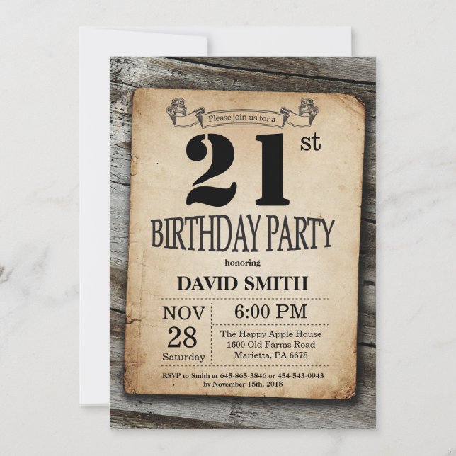 Rustic 21st Birthday Invitation Vintage Wood (Front)