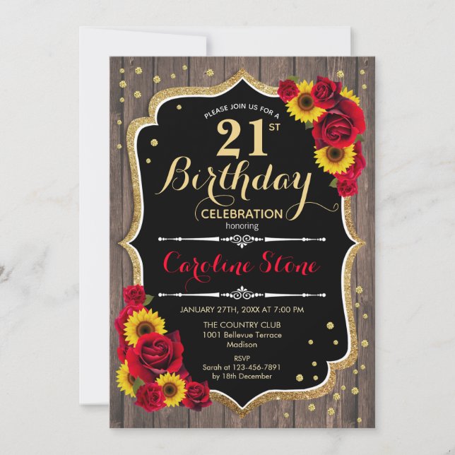 Rustic 21st Birthday - Roses Sunflowers Wood Invitation (Front)