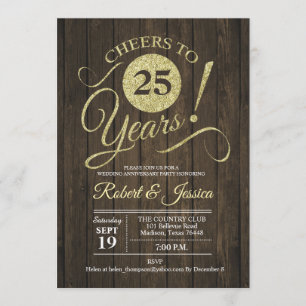Rustic 25th Wedding Anniversary - Gold Wood Invitation
