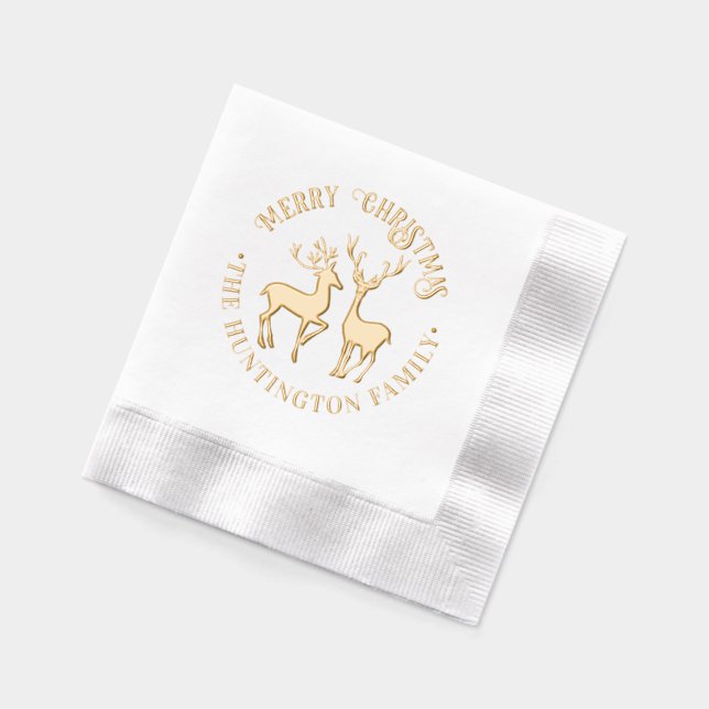 Rustic 2 Deer Merry Christmas Greeting Family Name Foil Napkins (Left)
