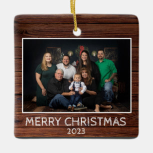 Rustic 2-Photo 2-sided Family Photo Wood Back Ceramic Ornament