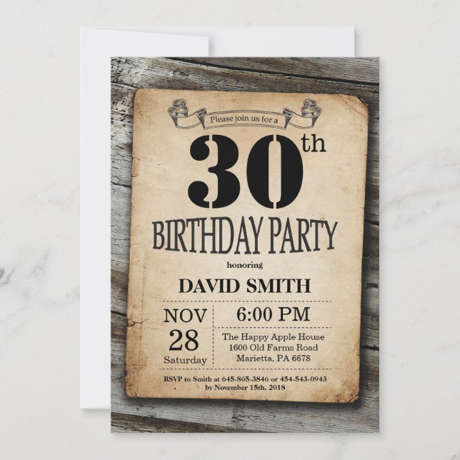 Rustic 30th Birthday Invitation Vintage Wood (Front)