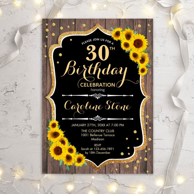 Rustic 30th Birthday - Sunflowers Wood Invitation (Creator Uploaded)