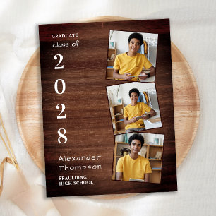 Rustic 3 Photo Collage County Wood Graduation Invitation Postcard